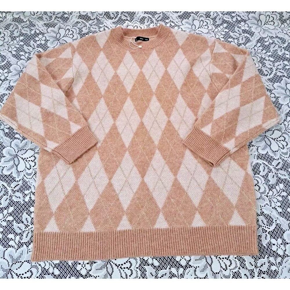 MNG Women's Sweater Size XL Tan/Gold Metallic Tread Argyle Pattern Soft Cozy New